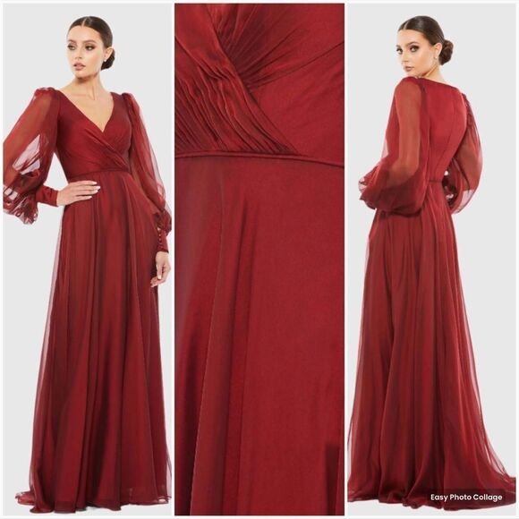 MAC DUGGAL 67873 Womens Sheer Blouson Sleeve Surplice Gown - Picture 1 of 12